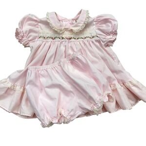 Alexis Vintage Baby Girl Dress Set 9M Pink Floral Lace Embroidered Good